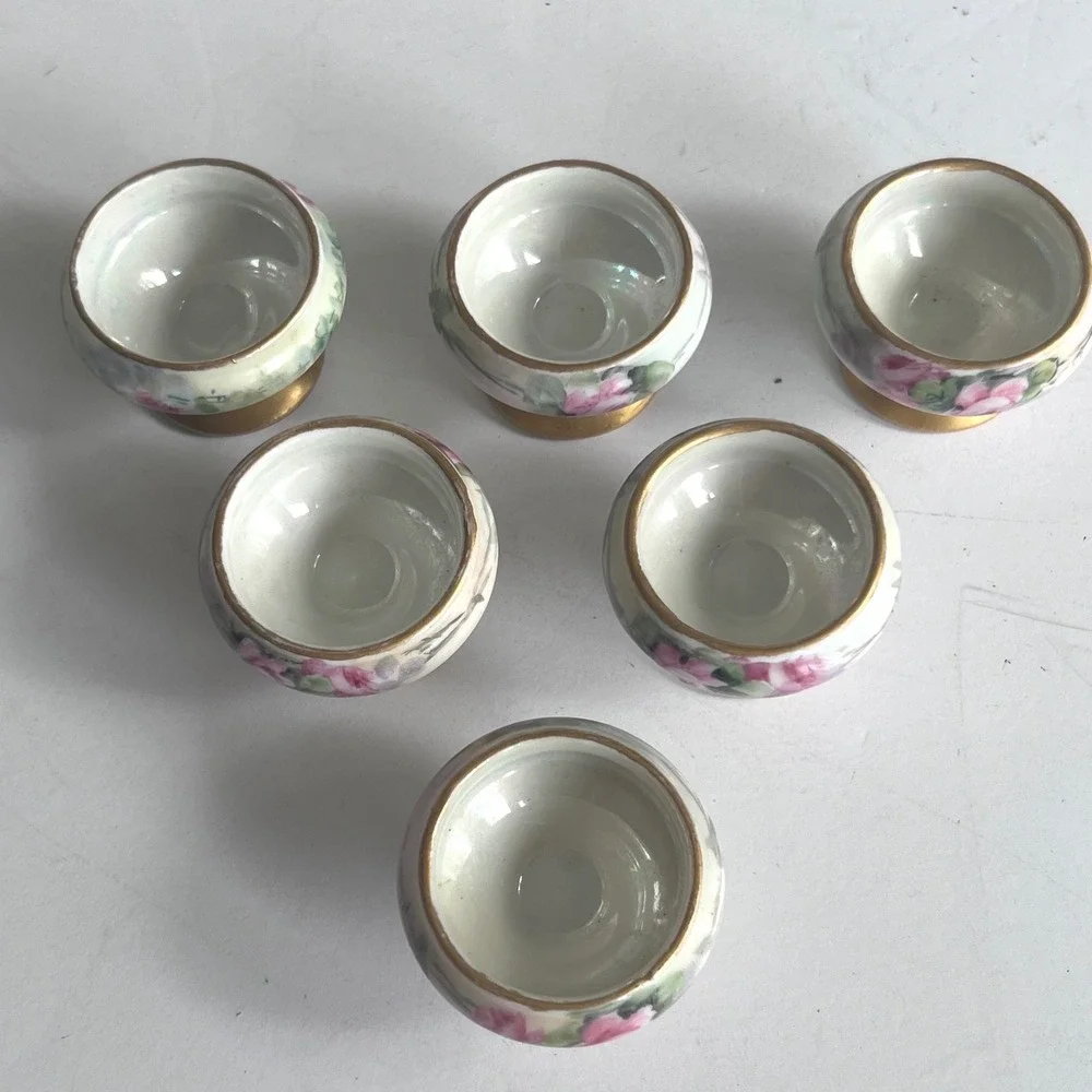 Vintage Hand Painted Porcelain Salt Cellars Set of 6 Pink Rose Gold Footed Bowls